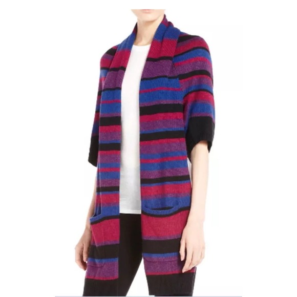 $218 BCBG BLUE DEPTH COMBO "GABY" SHAWL CARDIGAN‎ SWEATER TOP Cashmere Angora - Picture 1 of 8